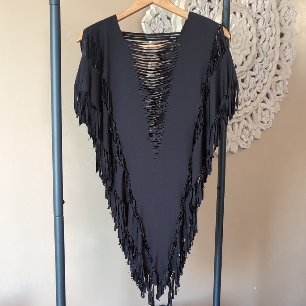 Black Fringe V-Neck Poncho Cover-Up